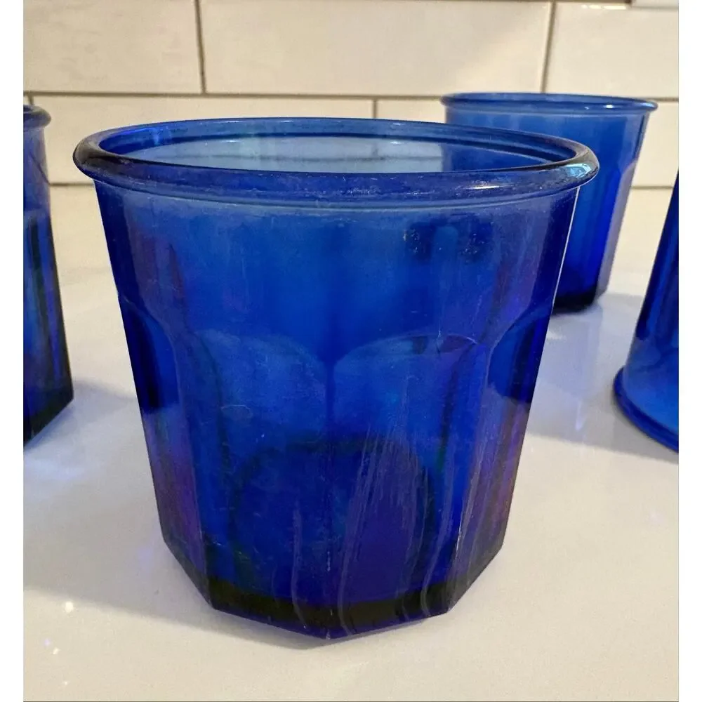 Set of 6 Vintage 500 Cobalt Blue Iridescent Glasses Tumblers made in France